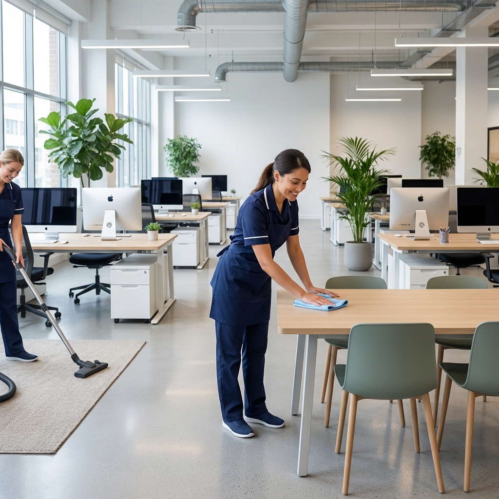 Professional cleaning staff in organized office